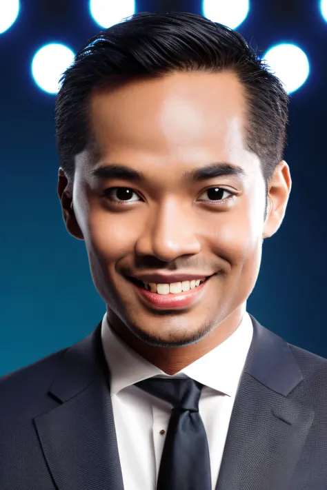 "Create a portrait of a male presenter with a confident and enthusiastic expression, holding a microphone in his hand, with a brightly lit and bustling stage background. Ensure that he is dressed in a sleek, professional suit and exudes a charismatic aura ...