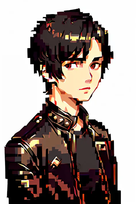 schoolboy，short detailed hair，black hair，black leather jacket，head portrait