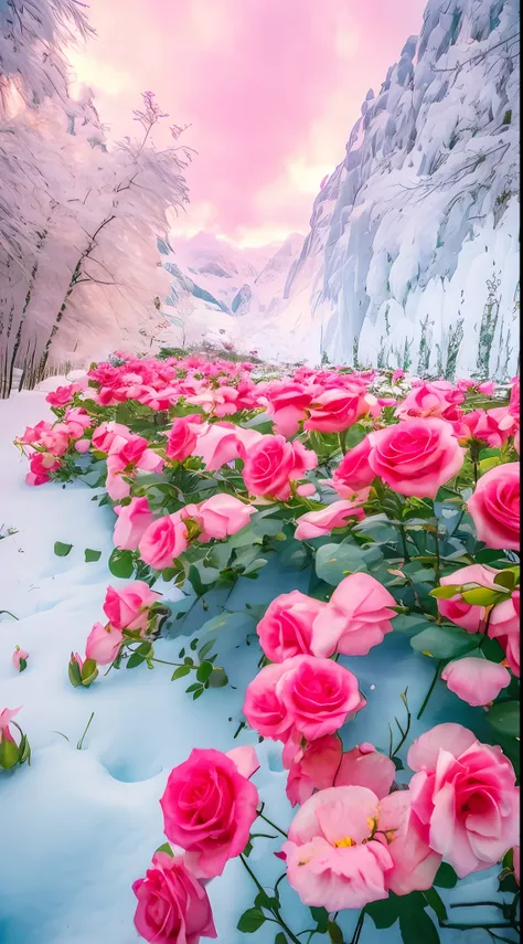 there are a lot of pink roses in the snow on the ground, really beautiful nature, beautiful nature, beautiful photography, with ...