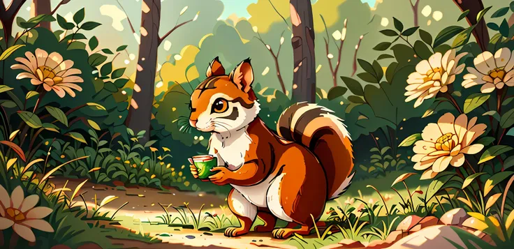 there is a squirrel that is eating something in the grass, painting digital adorable, foto o closeup, esquilo, pintura digital a...