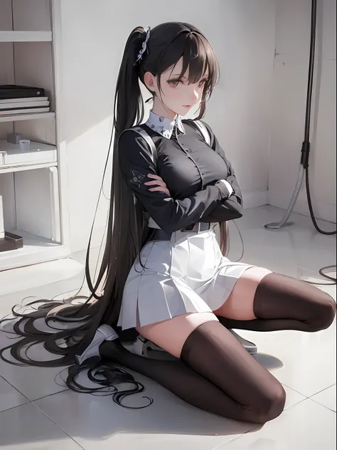 ((masterpiece, best_quality)), 1girl, (photorealistic:1.4),  solo, white_background, black_hair, long_hair,   zettai_ryouiki, sk...