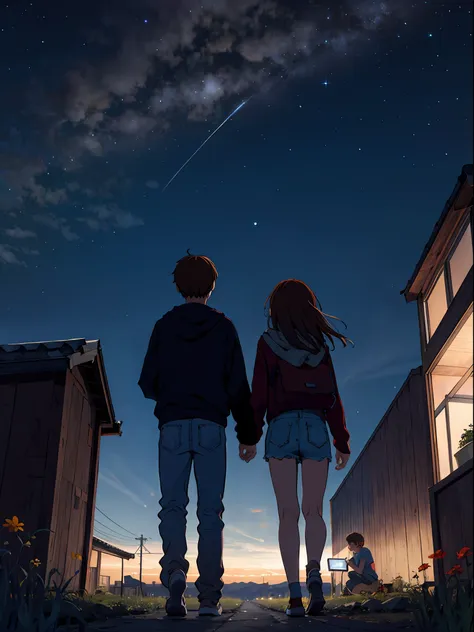 ​masterpiece, top-quality, teenage couple, nigh sky,