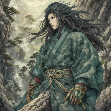 mystic ninja,Detailed face,Detailed eyes,Clear eyes,Gui Zen,Exotic beasts of mountains and seas,Dark green and black details, Loose and thick clothing covers the body,standing on cliff,Bask in the luxury of Yoshitaka Amano in the moonlight,fanciful,sci-fy,...