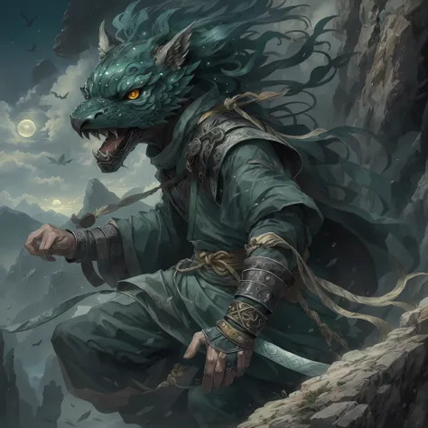 mystic ninja,Detailed face,Detailed eyes,Clear eyes,Gui Zen,Exotic beasts of mountains and seas,Dark green and black details, Loose and thick clothing covers the body,standing on cliff,Bask in the luxury of Yoshitaka Amano in the moonlight,fanciful,sci-fy,...