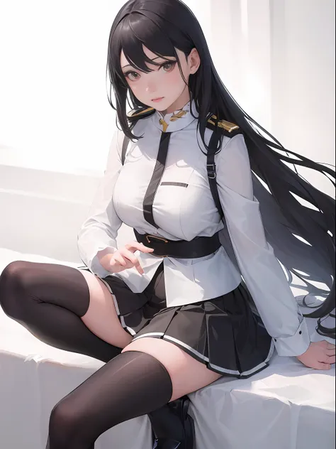 ((masterpiece, best_quality)), 1girl, (photorealistic:1.4),  solo, white_background, black_hair, long_hair,   zettai_ryouiki, sk...