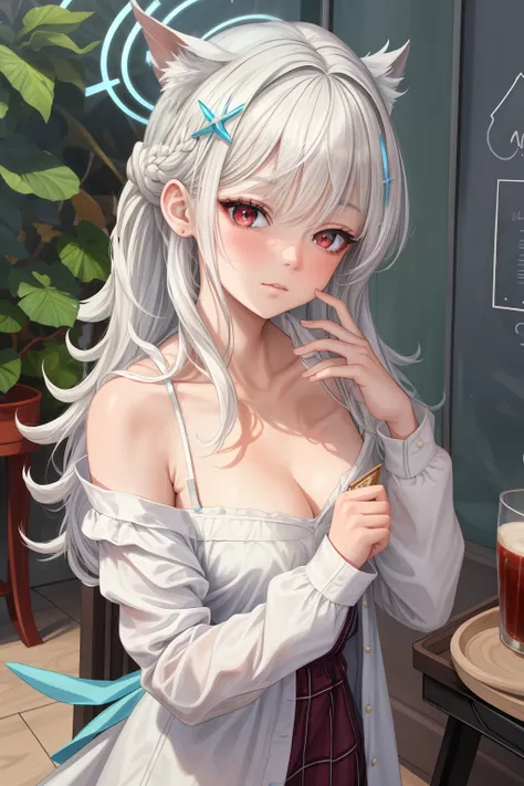 nsfw, masterpiece, super-fine, semi-realistic, meticulous facial features, 1girl, white hair, long hair, red eyes, wearing exqui...