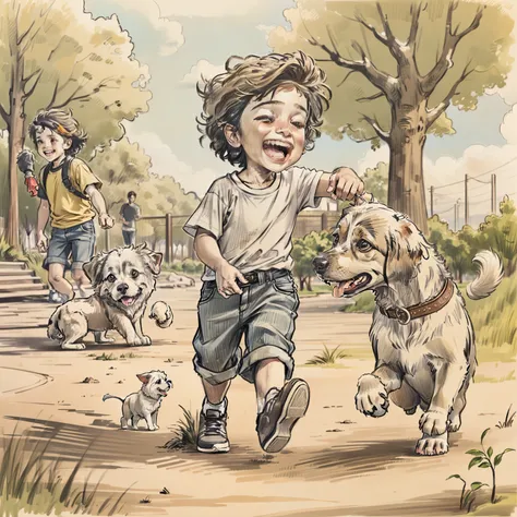Cartoon Design, estilo pencil sketch, coloreado con diversos tonos, representando a un cachorro, jugando muy feliz en un parque.