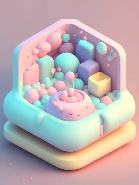 microworld, isometric view of cute kawaii keyboard, (pink, white, yellow, purple), cozy and pastel, lighting particle, dynamic l...