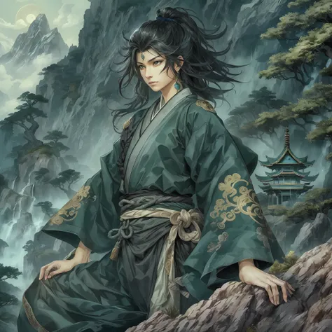 mystic ninja,Detailed face,Detailed eyes,Clear eyes,Gui Zen,Exotic beasts of mountains and seas,Dark green and black details, Loose and thick clothing covers the body,standing on cliff,Bask in the luxury of Yoshitaka Amano in the moonlight,fanciful,sci-fy,...