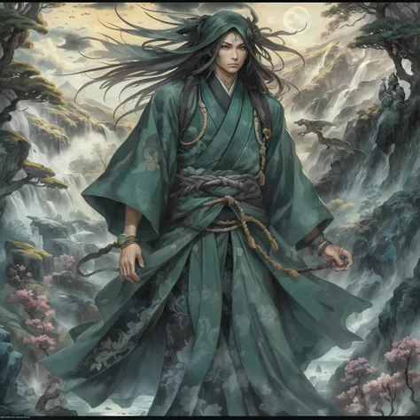 mystic ninja,Detailed face,Detailed eyes,Clear eyes,Gui Zen,Exotic beasts of mountains and seas,Dark green and black details, Loose and thick clothing covers the body,standing on cliff,Bask in the luxury of Yoshitaka Amano in the moonlight,fanciful,sci-fy,...