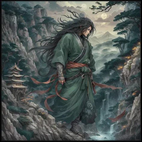 mystic ninja,Detailed face,Detailed eyes,Clear eyes,Gui Zen,Exotic beasts of mountains and seas,Dark green and black details, Loose and thick clothing covers the body,standing on cliff,Bask in the luxury of Yoshitaka Amano in the moonlight,fanciful,sci-fy,...