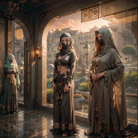 in a panoramic view,photorealestic,Full body like,Cyberpunk Style,3 Arab girls stand in a row,Stand in front of a high-tech Arabian luxury villa,Photo pose,Dressed in a gorgeous gold Arabian high-tech all-envelop burqa(Burqa),Wearing a gold high-tech banda...