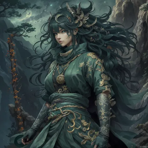 mystic ninja,Detailed face,Detailed eyes,Clear eyes,Gui Zen,Exotic beasts of mountains and seas,Dark green and black details, Loose and thick clothing covers the body,standing on cliff,Bask in the luxury of Yoshitaka Amano in the moonlight,fanciful,sci-fy,...