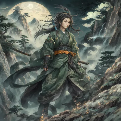 mystic ninja,Detailed face,Detailed eyes,Clear eyes,Gui Zen,Exotic beasts of mountains and seas,Dark green and black details, Loose and thick clothing covers the body,standing on cliff,Bask in the luxury of Yoshitaka Amano in the moonlight,fanciful,sci-fy,...