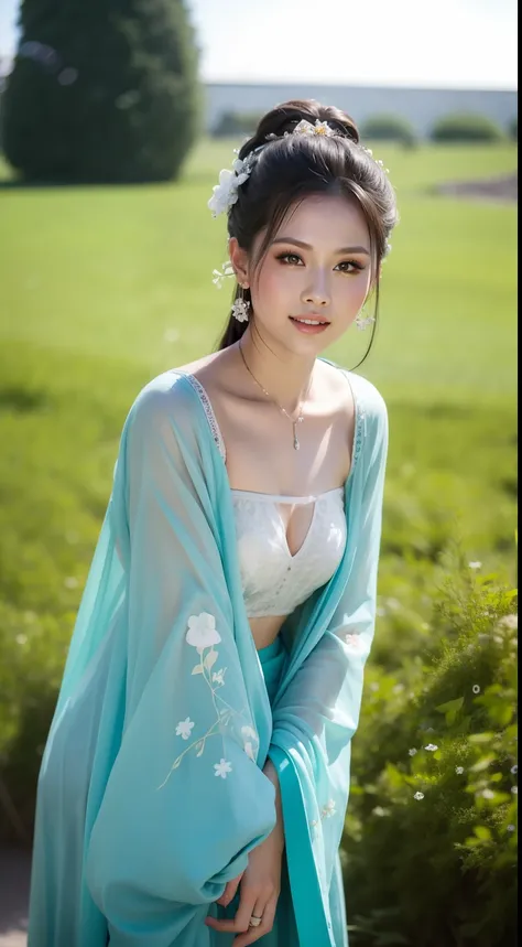 Fashion model 20 years old [[[[closeup cleavage]]]], [[[[boobgasm]]]], [[[[coll]]]], [[[[bshoulders]]]], perfect  eyes, Perfect iris，perfect lips，perfect teeth，Perfect skin，Long face，Soft front light，hdr，Movie girl，Casual，The background is green trees and ...