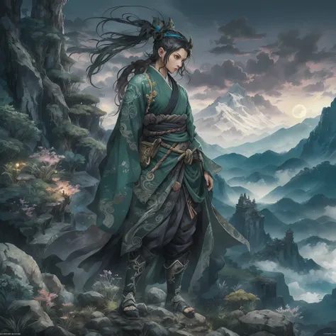 mystic ninja,Detailed face,Detailed eyes,Clear eyes,Gui Zen,Exotic beasts of mountains and seas,Dark green and black details, Loose and thick clothing covers the body,standing on cliff,Bask in the luxury of Yoshitaka Amano in the moonlight,fanciful,sci-fy,...
