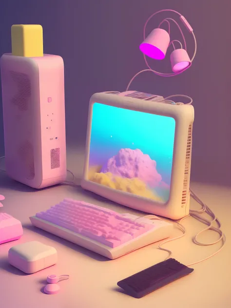 micro、personal computers, (pink there、blanche、amarelo、Viola)、Cozy pastels、Lighting Particles、Dynamic light effects、Futuristic and incredibly detailed、Hyper-Resolution