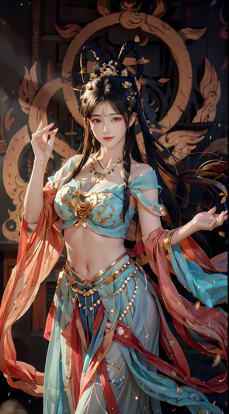Bust photo, A beautiful woman, Messy hair, Girly, Symmetrical bun, Hair accessories, jewelry, Delicate face, navel, belly, Dunhuang style, A lot of streamers, Delicate skin, Soft light effects, Delicate and smooth hair, Delicate details, eyes highlights, F...