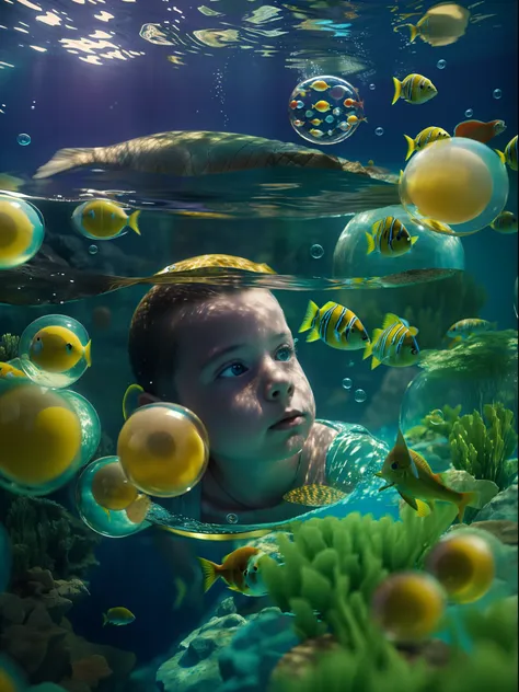 n underwater scene where fish swim, in the style of rene magritte, a kid watches in wonder from his bubble, colorful bubbles, cl...