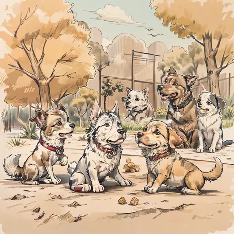 Cartoon Design, estilo pencil sketch, coloreado a mano con diversos tonos, representando a un cachorro de raza jugando feliz en un parque.