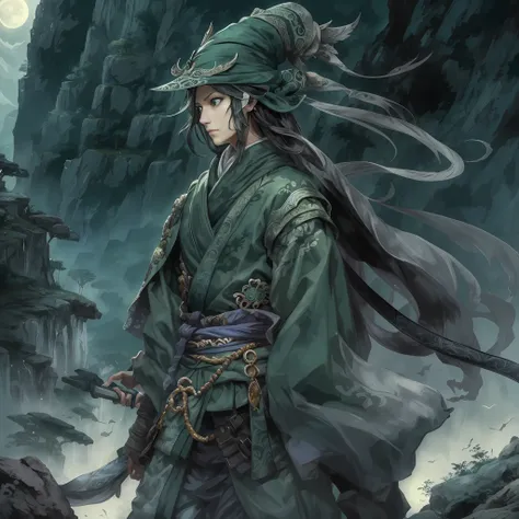 mystic ninja,Detailed face,Detailed eyes,Clear eyes,Gui Zen,Exotic beasts of mountains and seas,Dark green and black details, Loose and thick clothing covers the body,standing on cliff,Bask in the luxury of Yoshitaka Amano in the moonlight,fanciful,sci-fy,...