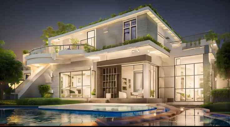 Masterpiece: 1.2, best quality), realistic, (real picture, rich details details, depth of field), fancy house, home with waterpool, ultra 4k rendering, architecture, white color, night sky, rim light, soft yellow light, light house, modern minimalist style...