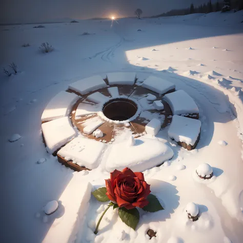 A white rose，On the snow，rays of sunshine，bloods，mud