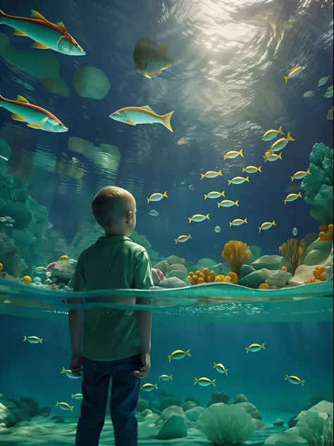 An underwater scene where fish fly and birds swim, in the style of Rene Magritte, A kid watches in wonder from his bubble, High key lighting,Liquid Bismuth,Underwater cave,Close-up shot of the kid amidst this surreal scene, Rendered by Alec Soth with unrea...