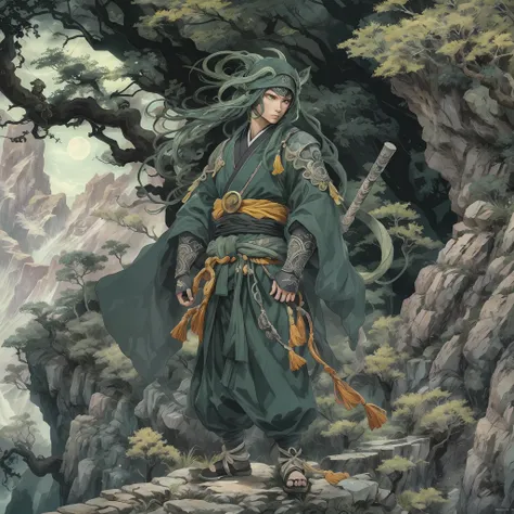 mystic ninja,Detailed face,Detailed eyes,Clear eyes,Gui Zen,Exotic beasts of mountains and seas,Dark green and black details, Loose and thick clothing covers the body,standing on cliff,Bask in the luxury of Yoshitaka Amano in the moonlight,fanciful,sci-fy,...