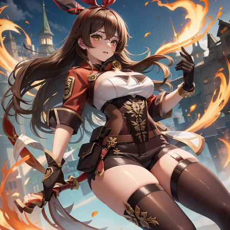 thick outlines, strong shadows, 1 girl, full body portrait, fire swirl amber (genshin impact), brown eyes, brown hair, long hair, red hair ribbon, brown short shorts, leather gloves, pouch, thighhighs, white boots, small breast, cleavage, (clothing) detail...