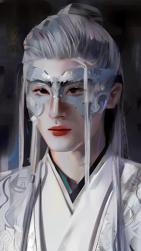 similar to the original image，a male god wearing an anime-style costume，white mask，gray hair，the lips are red and the teeth are ...