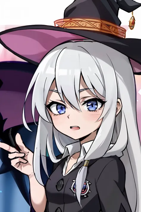 Chica de anime con cabello blanco con un sombrero negro y un vestido negro, Academia de brujas, Chica bruja, Estilo anime 2D, Marisa Kirisame, Retrato de una joven bruja, coqueto anime bruja casting magia, Bruja, Bruja brillante, Estilo de arte, en un esti...