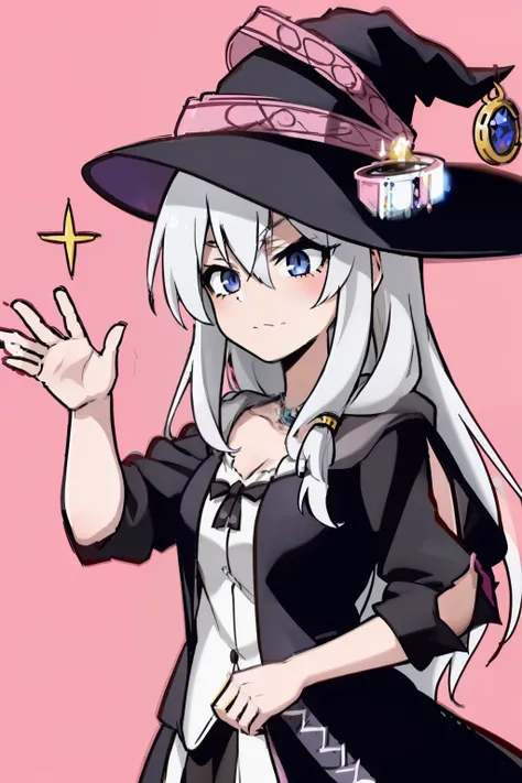 Chica de anime con cabello blanco con un sombrero negro y un vestido negro, Academia de brujas, Chica bruja, Estilo anime 2D, Marisa Kirisame, Retrato de una joven bruja, coqueto anime bruja casting magia, Bruja, Bruja brillante, Estilo de arte, en un esti...