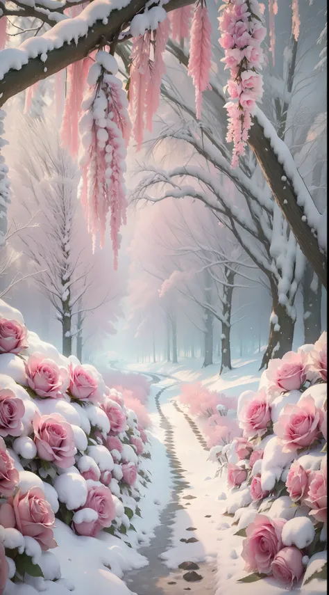 there are a lot of pink roses in the snow,the flowers are covered in snow,frozen flowers,it is surrounded by pink forests,beauti...