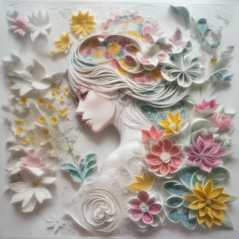 （the silhouette of a beautiful woman, colorful flowers)，white background，(paper art, quilted paper art:1.2, geomerty:1.1, zentan...