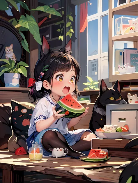 anime girl eating a slice of watermelon with a cat nearby, cute detailed artwork, cute art style, material is!!! watermelon!!!, ...