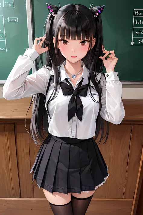 masterpieces,best quality,1girl,long hair,black hair,blunt bangs,sidelocks,school uniform,collar,short frills skirt,cowboy shot:...