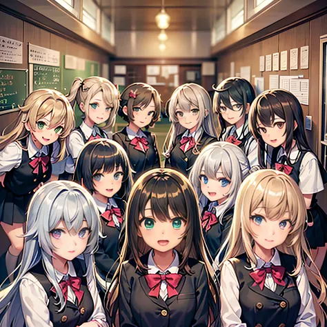 （seven girls and one boy），（seven girls in a row）,（brunette color hair, black-eyed loli，blonde loli，white-haired and red-eyed lol...