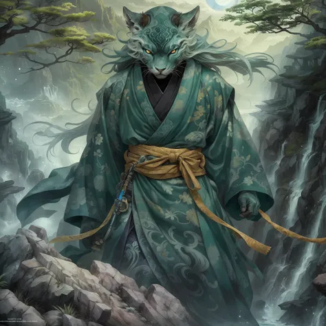 mystic ninja，detailed face，detailed eyes，clear eyes，gui zen，exotic beasts of mountains and seas，dark green and black details, lo...