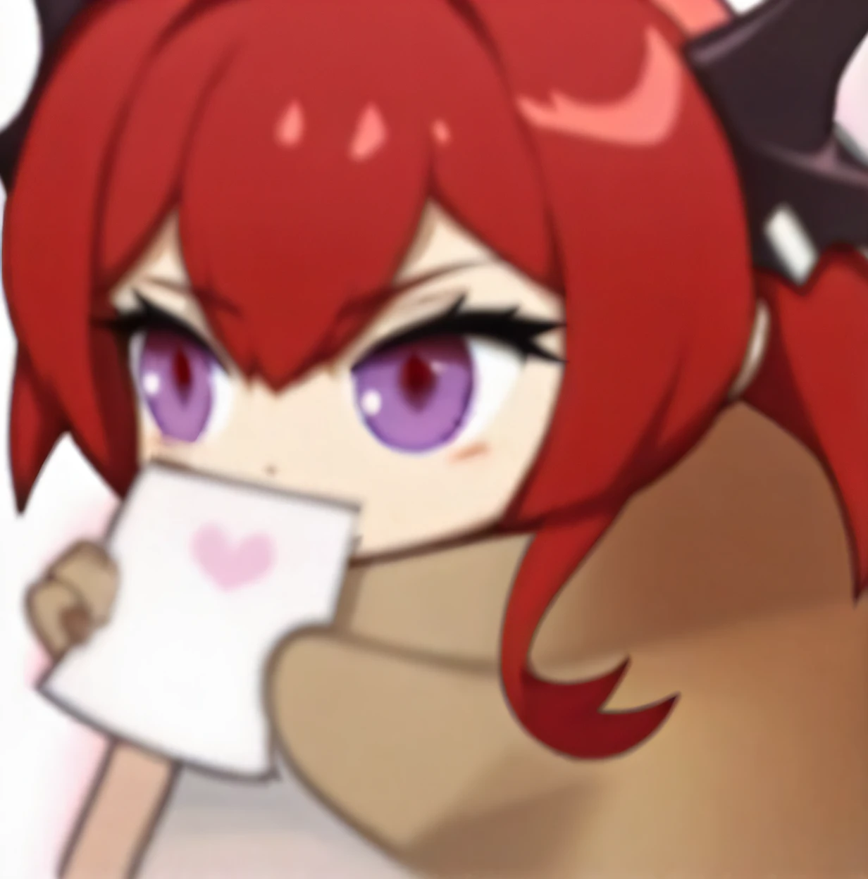 Anime girl with red hair and purple eyes holding a piece of paper, holding a pudica pose, mika kurai demon, shalltear from overlord, pudica pose, gapmoe yandere, character art of maple story, she has red hair, r/art, of a ramlethal valentine, r / art, r /a...