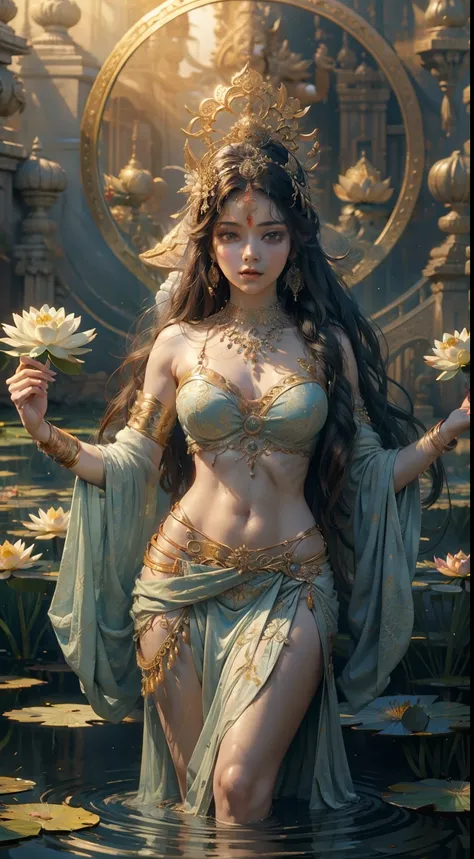 (masterpiece:1.3),(top-quality),( 8K, 4K), (Intricate details),reallistic,Hindu goddesses、Lakshmi、Stand on a lotus flower、Has 4 arms、Bring water lilies