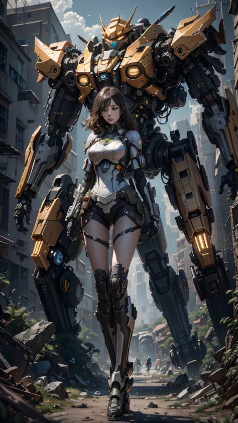 ((best quality)), ((masterpiece)), (highly detailed:1.3), 3d,shitu-mecha, beautiful cyberpunk women with her mecha in the ruins ...