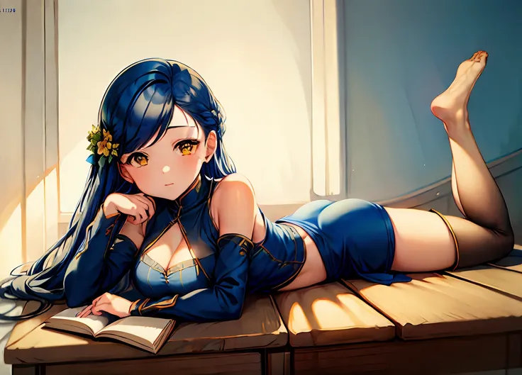 full body view, feet in view, 1girl, solo, myne, rosemyne, detailed face, blue hair, blue religious clothes, yellow eyes, rosemy...