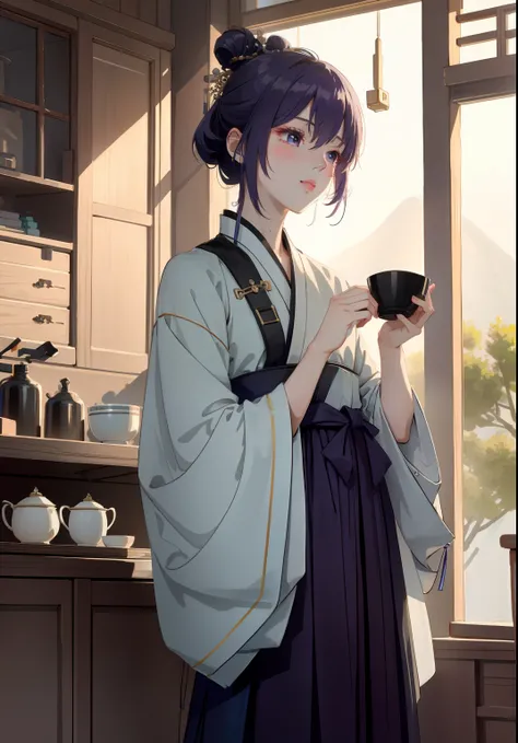 ((4K、masterpiece、top-quality))、shuimobysim、Traditional Chinese Ink Painting、Tea chest、Chinese tea、Immortals、Hanfu、Maxi Kit、One boy dressed up modestly、独奏、Purple hair、blanche、Buddy fox、Oneshota、Awe-inspiring scenery、Serving tea to guests、manager、fluffly、fl...