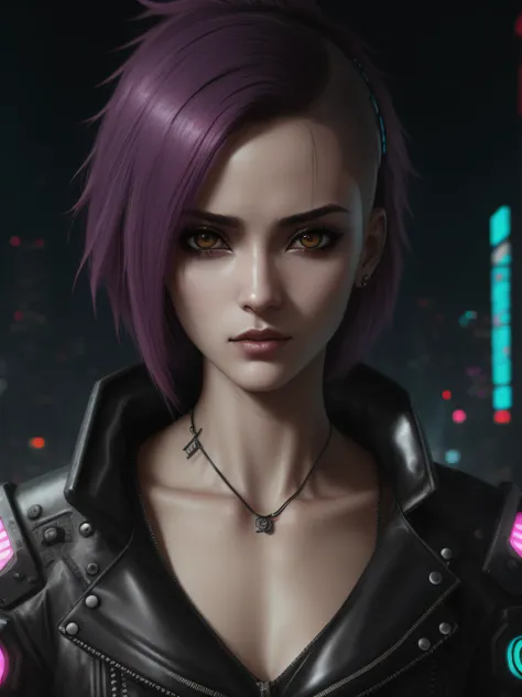 um close up de uma mulher com cabelos longos e uma jaqueta escura, o retrato da menina cyberpunk, retrato cyberpunk, cara bonita...