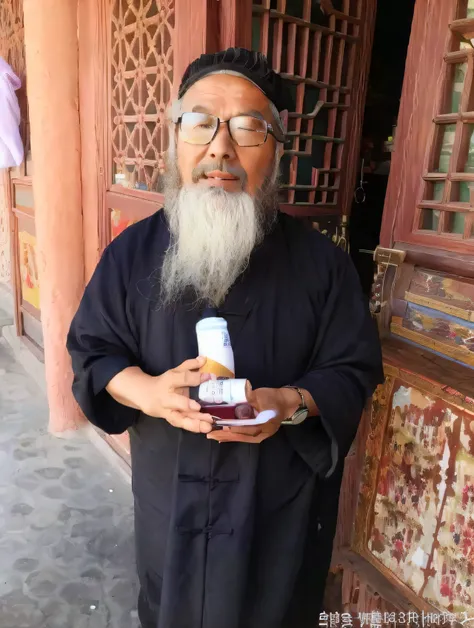 the bearded arafeld man holds a bottle of medicine, taoist, chinese artist, taoist temples and monks, qi sheng luo, bo feng, hua...