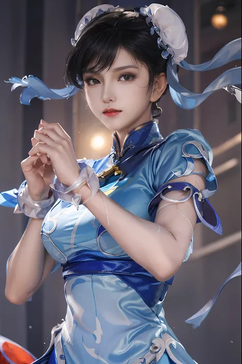 blue cheongsam、((​masterpiece、best qualified))、1girl in、独奏、chunli、the upper part of the body、beautiful night street background