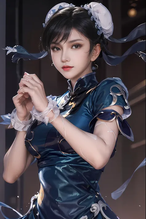 dark blue qipao、((​masterpiece、best qualified))、1girl in、独奏、chunli、the upper part of the body、beautiful night street background