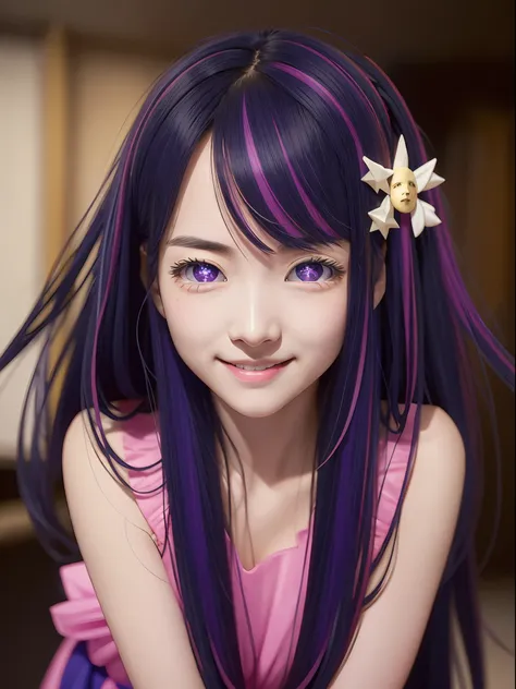 hoshino ai, long hair, purple hair, streaked hair ,purple eyes, star-shaped pupils, (hair ornament),  star-shaped pupils, idol d...