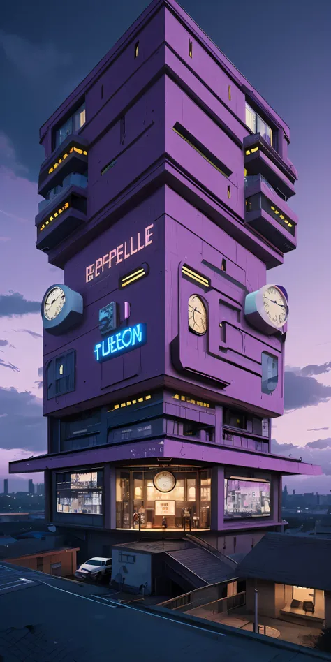 a masterpiece by beeple, depicting a futuristic building with a clock on its face, set against a captivating purple sky at night...